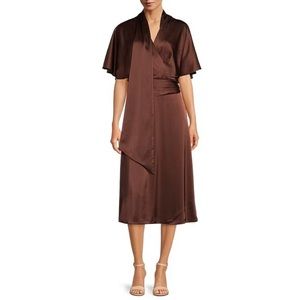 Alex Marie Giselle Satin Surplice V-Neck Drape Front Kimono Sleeve Midi Dress